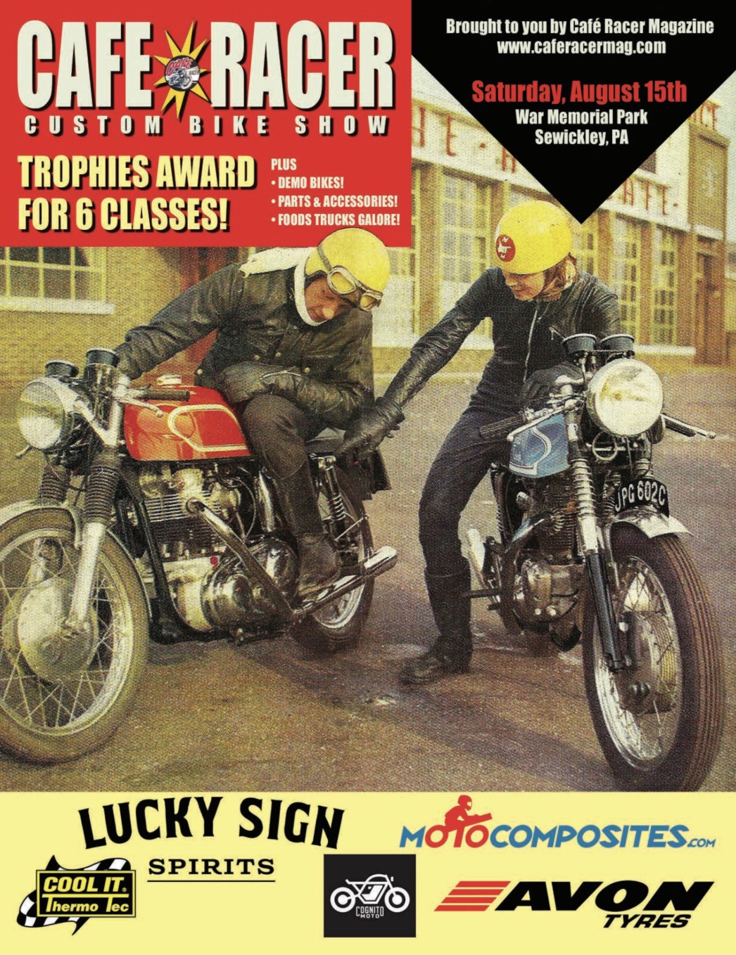 Cafe Racer Custom Bike Show poster featuring two vintage cafe racers
